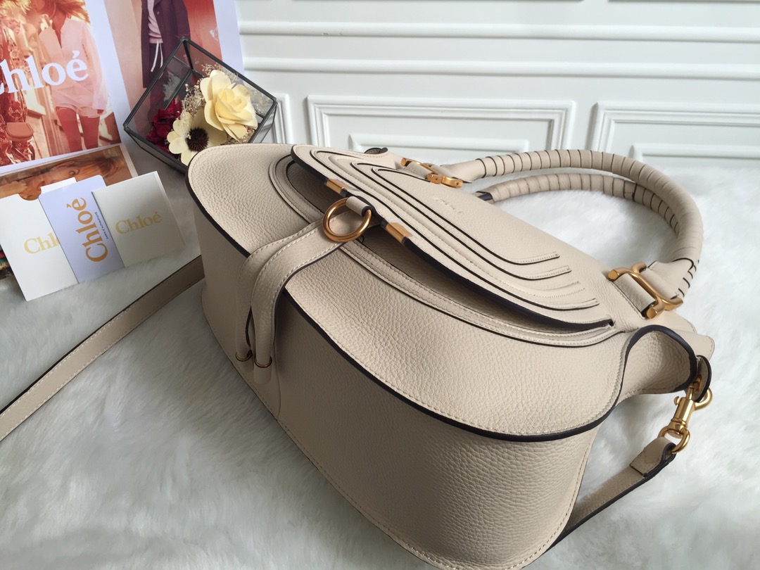 Chloe Large Marcie Bag In Vegetal Beige Grained Leather